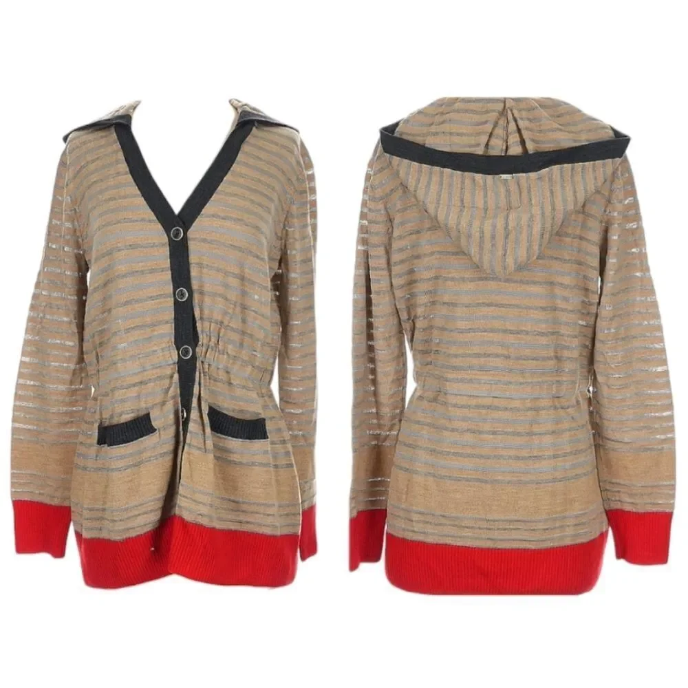 St. John hooded knit sweater cream striped cardigan buttondown size S